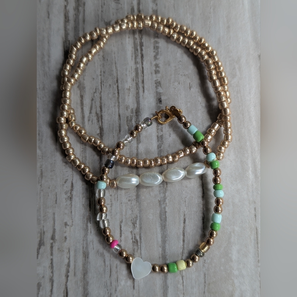 Gold Beaded Necklace With Colorful Heart Bracelet